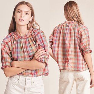 NWT Birds of Paradise Shelia Tapestry Red Plaid Balloon Sleeve Blouse Top